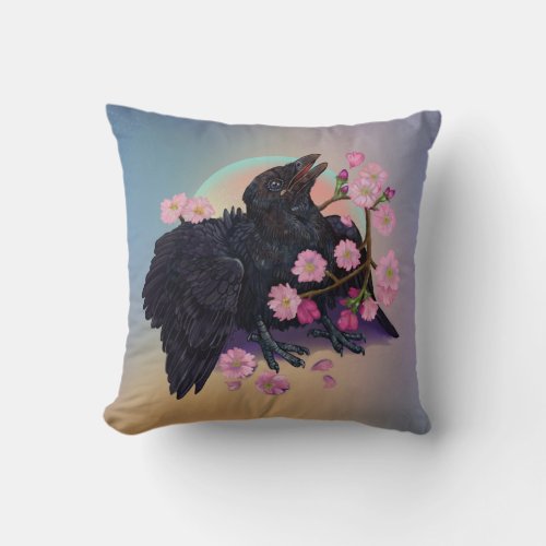 Fledgling Crow with apple blossoms Throw Pillow