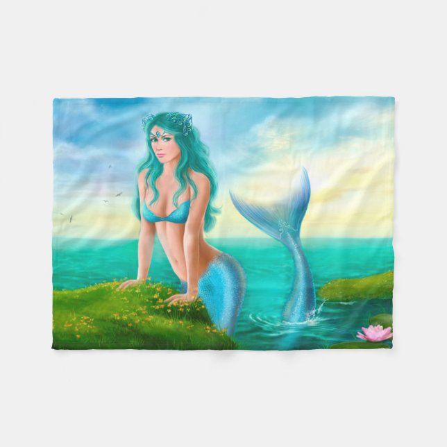 Fleece Blanket, Fantasy beautiful  mermaid in sea (Front (Horizontal))