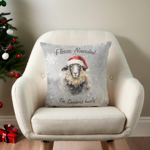 Fleece Navidad Holiday Gray Red Sheep Throw Pillow
