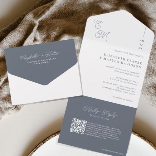 Fleet Grey  Minimalist Monogram Wedding QR Code All In One Invitation