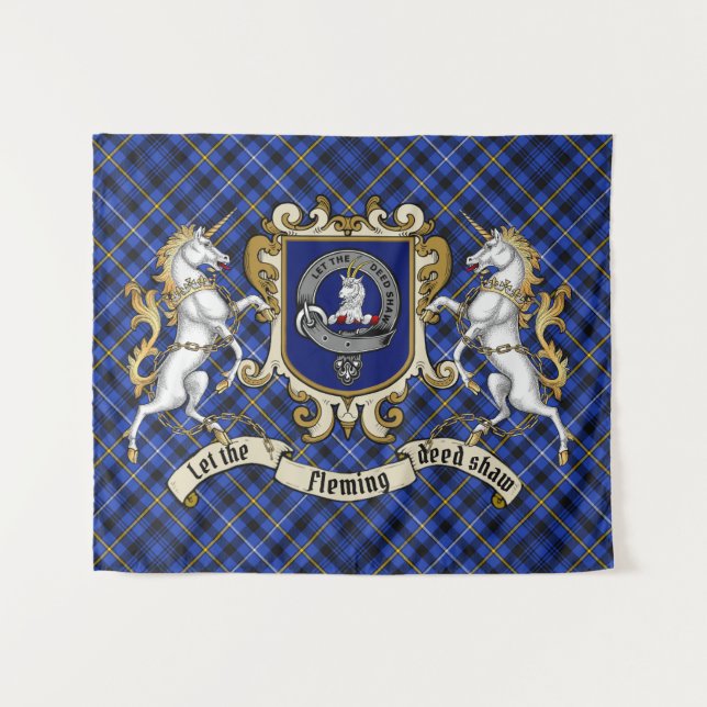 Fleming Clan Badge & Unicorns w/Tartan  Tapestry (Front (Horizontal))