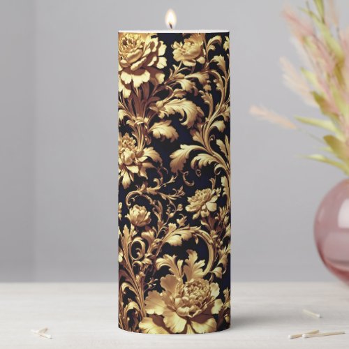Flemish Baroque Black  Gold Floral  Pillar Candle
