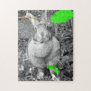 Flemish Giant Rabbit B & W with Green Leaves Jigsaw Puzzle