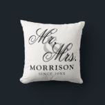 Flemish Minimalist Elegant Script Mr and Mrs Throw Pillow<br><div class="desc">Flemish Minimalist Elegant Script Mr and Mrs Throw Pillow. This is a simple and minimalist design style pillow with an elegant flemish custom script,  you can add family name and wedding date,  established year,  etc. This is a perfect gift for newlyweds new home.</div>