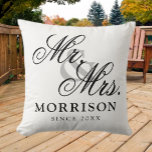 Flemish Minimalist Elegant Script Mr and Mrs Throw Pillow<br><div class="desc">Flemish Minimalist Elegant Script Mr and Mrs Throw Pillow. This is a simple and minimalist design style pillow with an elegant flemish custom script,  you can add family name and wedding date,  established year,  etc. This is a perfect gift for newlyweds new home.</div>
