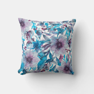 Fleur Blu Purple and Blue Watercolor Floral Throw Pillow