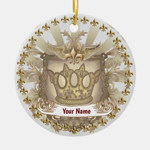 Fleur Crown Shield  Surname Family Crest Ceramic Ornament