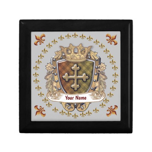Fleur Crown Shield  Surname Family Crest Gift Box