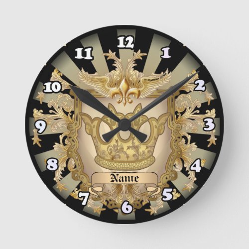 Fleur Crown Shield Surname Family Crest Round Clock