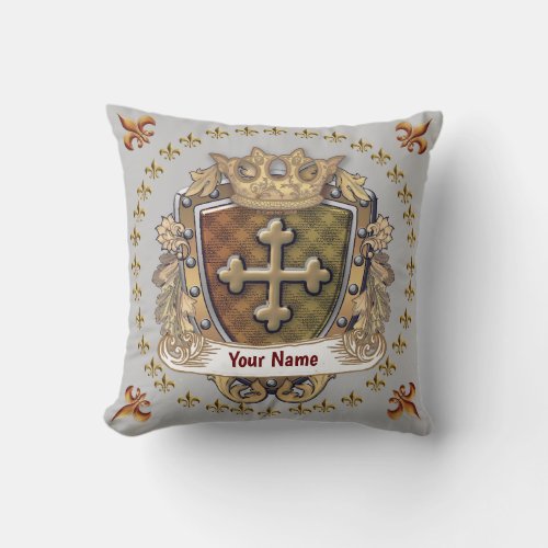 Fleur Crown Shield  Surname Family Crest Throw Pillow