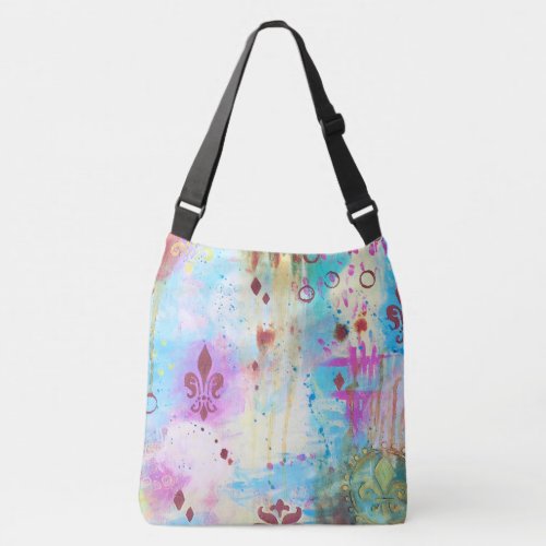 Fleur de Lis Abstract Paint Splatter Artistic Aqua Crossbody Bag