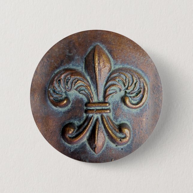 Fleur De Lis, Aged Copper-Look Printed Button (Front)