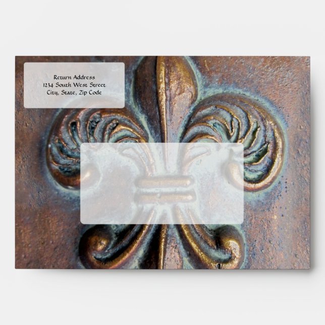 Fleur De Lis, Aged Copper-Look Printed Envelope (Front)