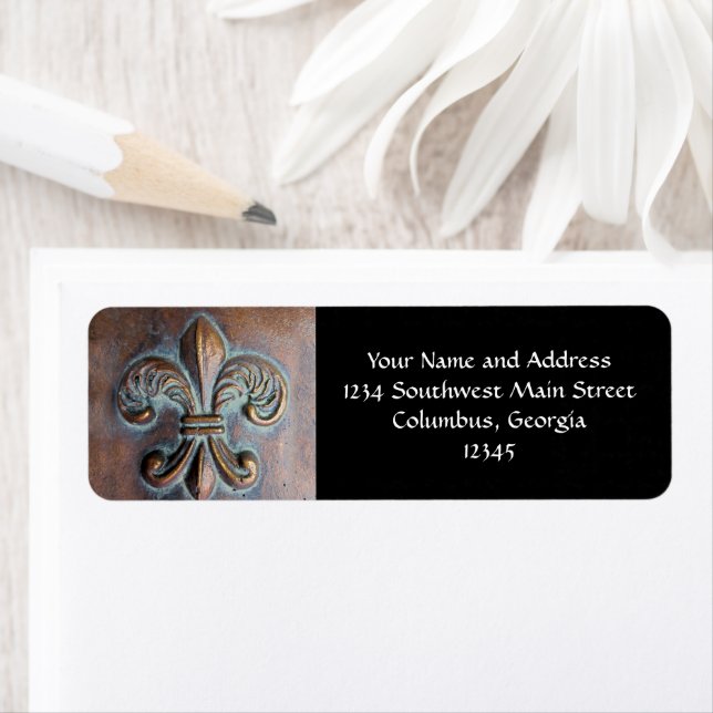 Fleur De Lis, Aged Copper-Look Printed Label (Insitu)