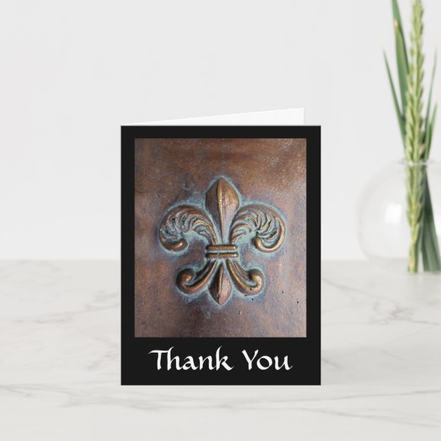 Fleur De Lis, Aged Copper-Look Printed Letterpress Thank You Card (Front)