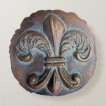 Fleur De Lis, Aged Copper-Look Printed Round Pillow