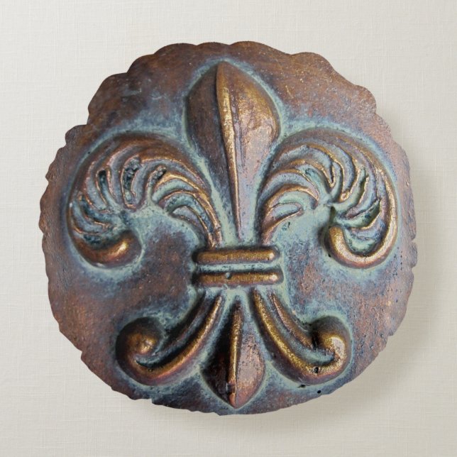 Fleur De Lis, Aged Copper-Look Printed Round Pillow (Front)