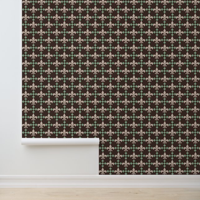 Fleur de Lis and Diamond Cross Pattern on Sage Wallpaper (Application)