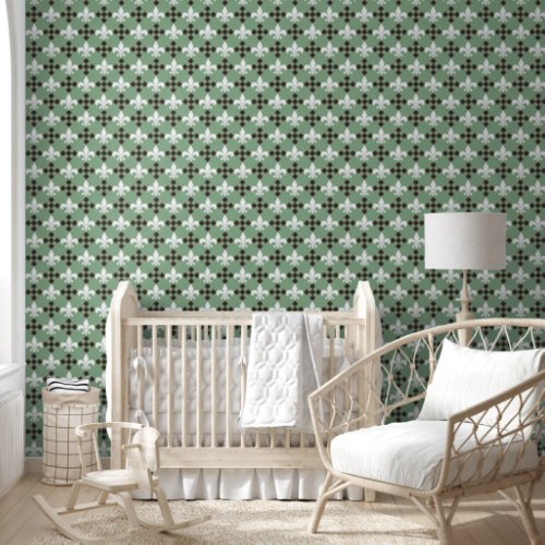 Fleur de Lis and Diamond Cross Pattern on Sage Wallpaper