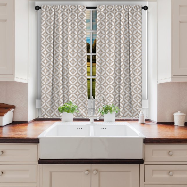 Fleur de Lis and Harlequin Greige | White Curtain (Fleur de Lis and Harlequin Shapes Seamless Pattern Greige and White Abstract Curtains)
