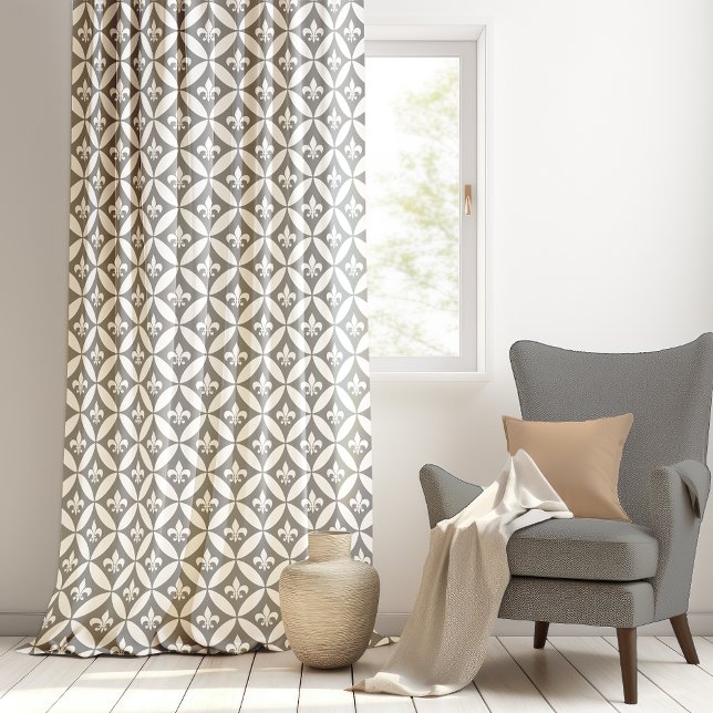 Fleur de Lis and Harlequin Lt Gray | White Curtain (Fleur de Lis and Harlequin Shapes Light Gray and White Curtain)