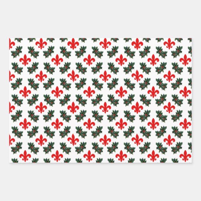 Fleur de Lis and Holly Christmas Wrapping Paper Sheets (Front)