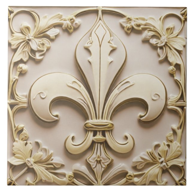 Fleur de Lis Antique Cream Gold Beige Faux Relief Ceramic Tile (Front)