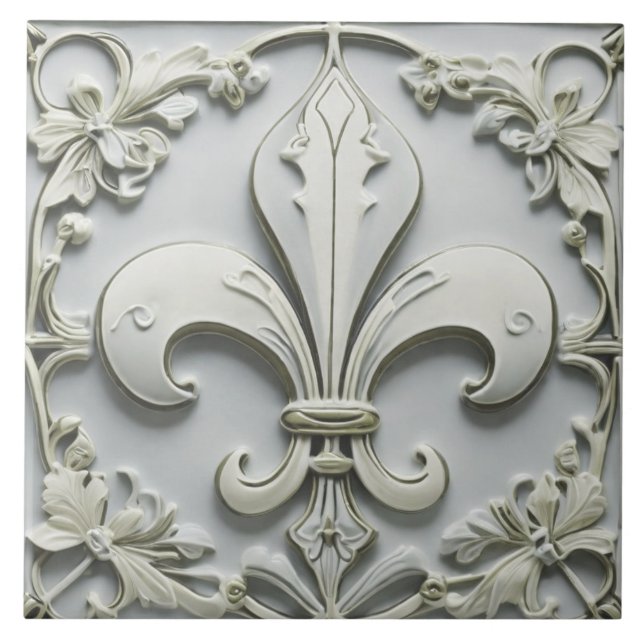 Fleur de Lis Antique Grey Gray Faux Relief Ceramic Tile (Front)