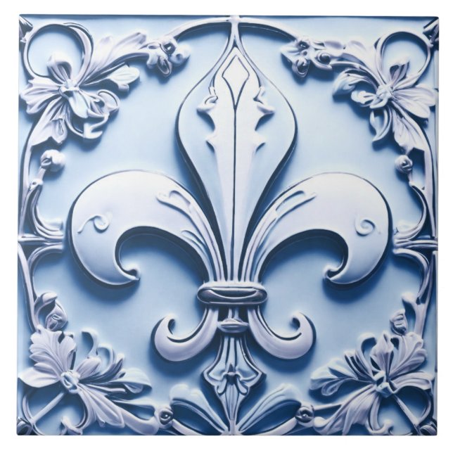 Fleur de Lis Antique Light Blue Faux Relief Ceramic Tile (Front)