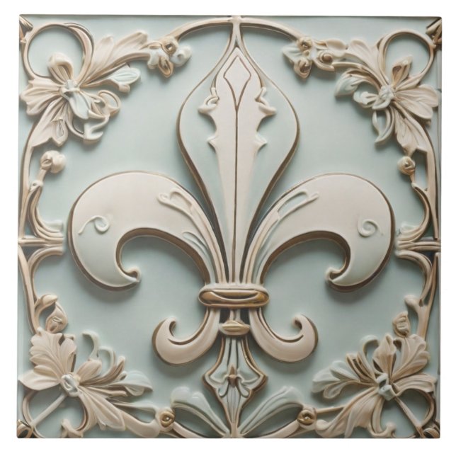 Fleur de Lis Antique Pastel Light Mint Faux Relief Ceramic Tile (Front)