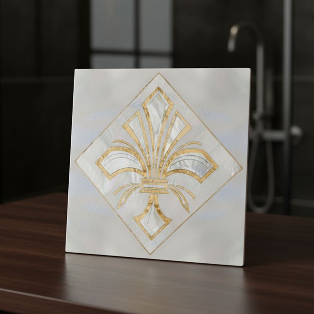 Fleur-de-lis Art Deco - pearl and gold Ceramic Tile (Creator Uploaded)