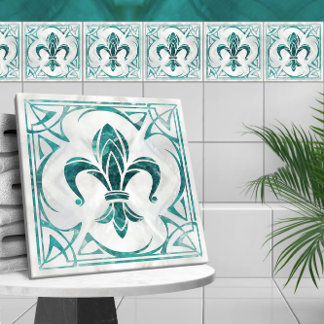 Fleur-De-Lis - Art Nouveau -Aquamarine Ceramic Tile