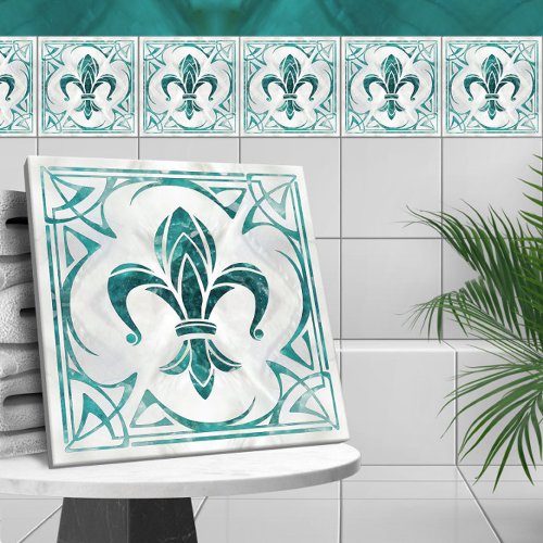 Fleur_De_Lis _ Art Nouveau _Aquamarine Ceramic Tile