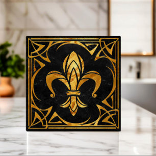 Fleur-De-Lis - Art Nouveau -Black Marble and Gold Ceramic Tile