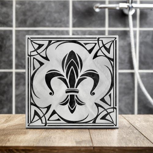 Fleur_De_Lis _ Art Nouveau _Black Marble and Pearl Ceramic Tile
