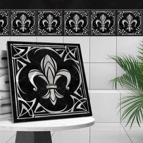 Fleur_De_Lis _ Art Nouveau _Black Marble and Pearl Ceramic Tile
