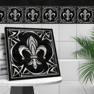 Fleur-De-Lis - Art Nouveau -Black Marble and Pearl Ceramic Tile