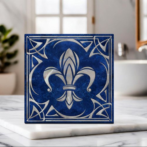 Fleur_De_Lis _ Art Nouveau _ Blue Marble and pearl Ceramic Tile