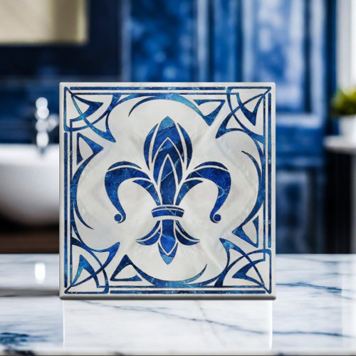 Fleur_De_Lis _ Art Nouveau _ Blue Marble and pearl Ceramic Tile