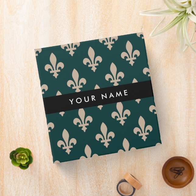Fleur de Lis, Beige on Green, Royal, Your Name 3 Ring Binder (In Situ)