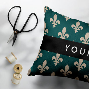 Fleur de Lis, Beige on Green, Royal, Your Name Accent Pillow