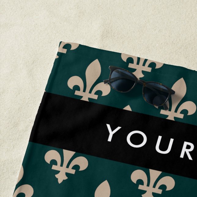 Fleur de Lis, Beige on Green, Royal, Your Name Beach Towel (In Situ)
