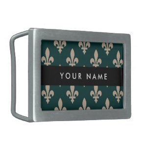 Fleur de Lis, Beige on Green, Royal, Your Name Belt Buckle