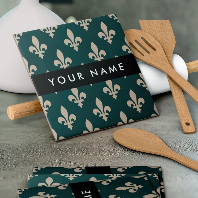 Fleur de Lis, Beige on Green, Royal, Your Name Ceramic Tile (Creator Uploaded)