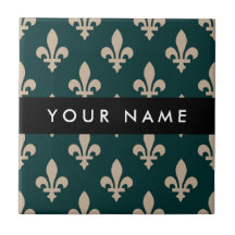 Fleur de Lis, Beige on Green, Royal, Your Name
