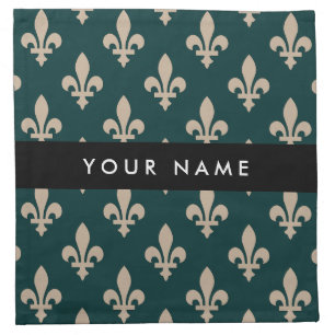 Fleur de Lis, Beige on Green, Royal, Your Name Cloth Napkin