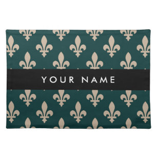 Fleur de Lis, Beige on Green, Royal, Your Name Cloth Placemat