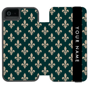 Fleur de Lis, Beige on Green, Royal, Your Name iPhone SE/5/5s Wallet Case