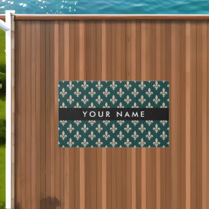 Fleur de Lis, Beige on Green, Royal, Your Name Outdoor Rug