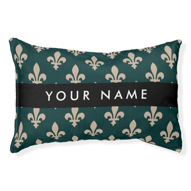 Fleur de Lis, Beige on Green, Royal, Your Name Pet Bed (Front)